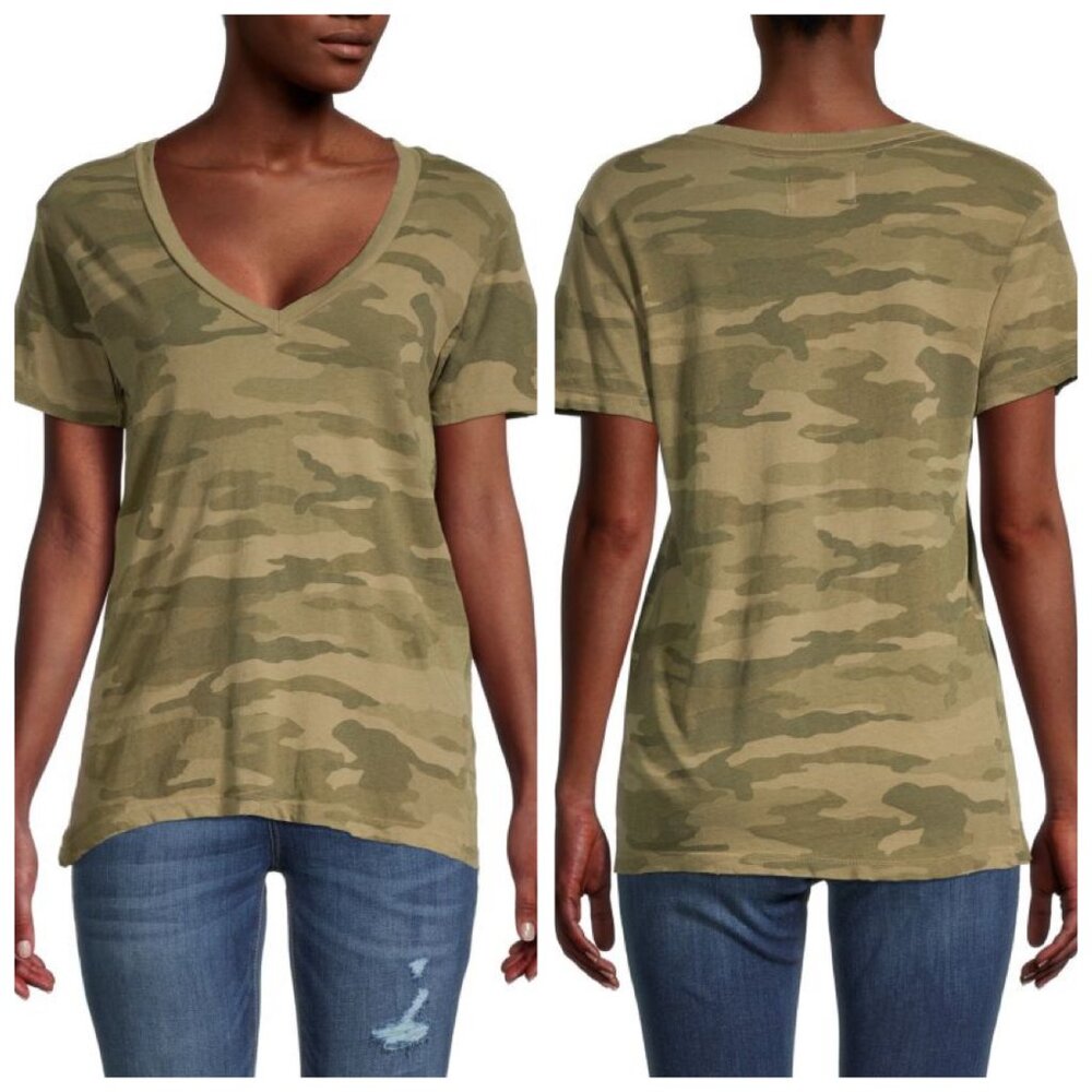 Current Elliott The V Neck Tee Green Camo Short Sleeve Distressed Size 2 Medium